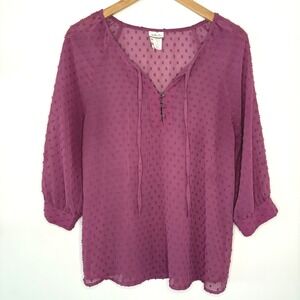 Matilda Jane Women's Blouse Top Size S Purple‎ Sheer 3/4 Sleeve Tie Neck